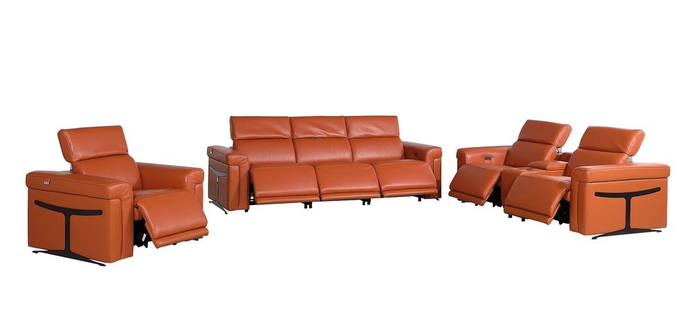 Three Piece Camel Italian Leather Six Person Seating Set