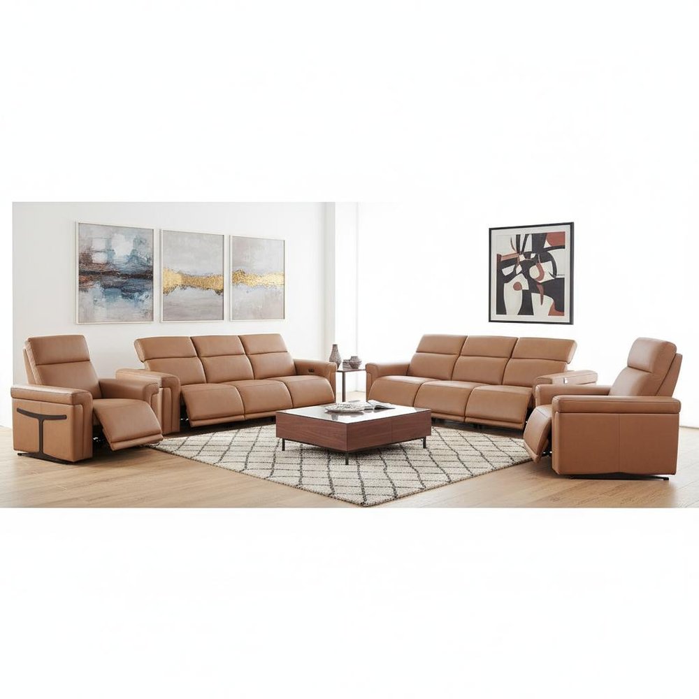 Three Piece Chestnut Italian Leather Six Person Seating Set