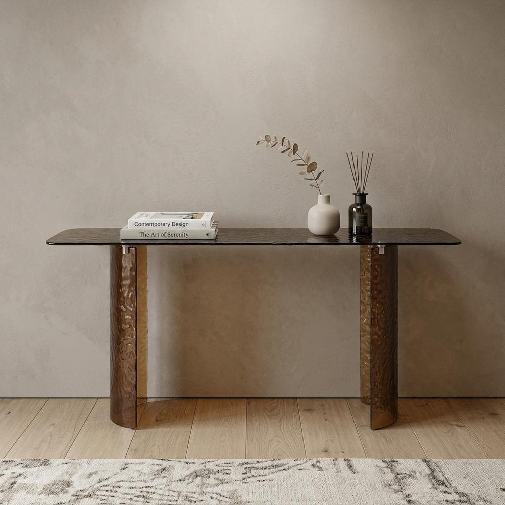 63" Bronze Glass Double Pedestal Console Table