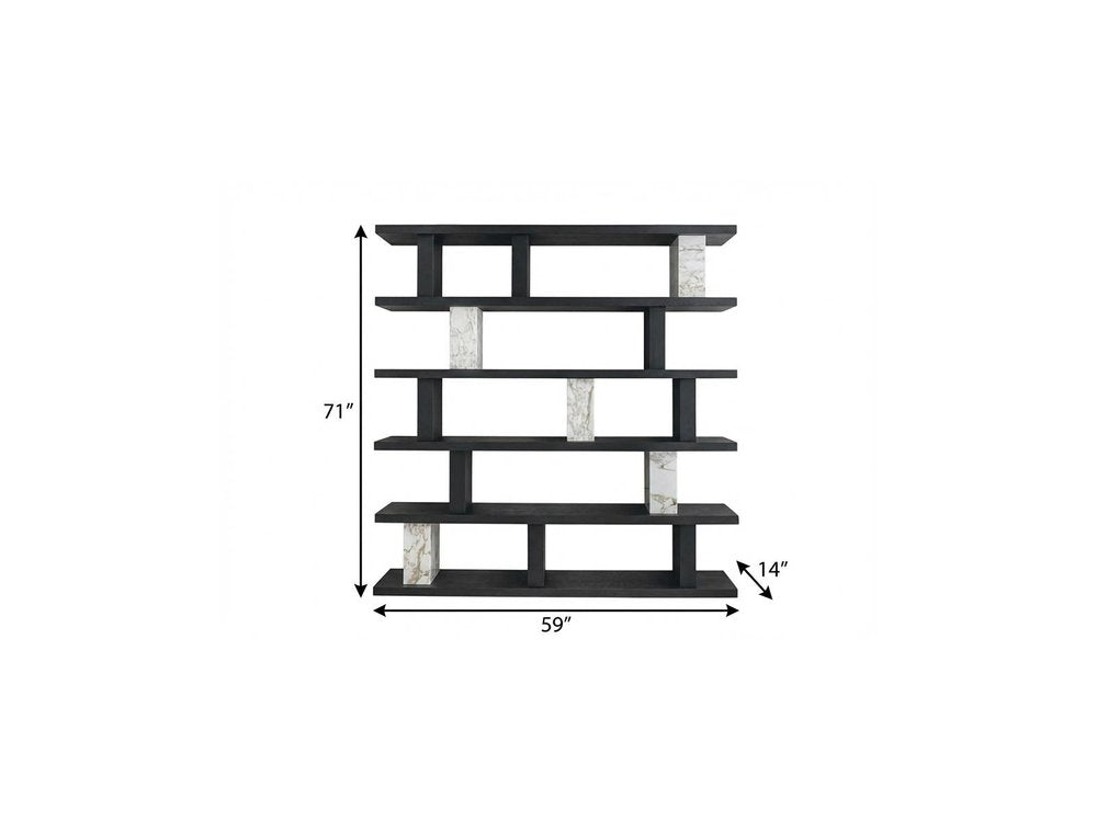 71" Black And White Wood And Faux Marble Five Tier Geometric Bookcase