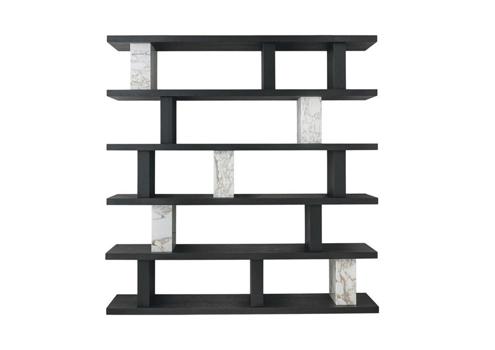 71" Black And White Wood And Faux Marble Five Tier Geometric Bookcase