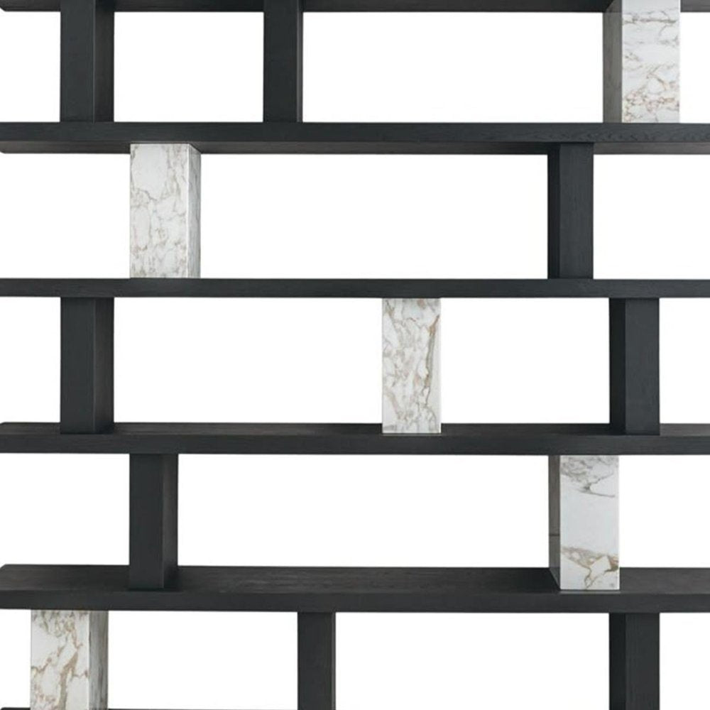 71" Black And White Wood And Faux Marble Five Tier Geometric Bookcase