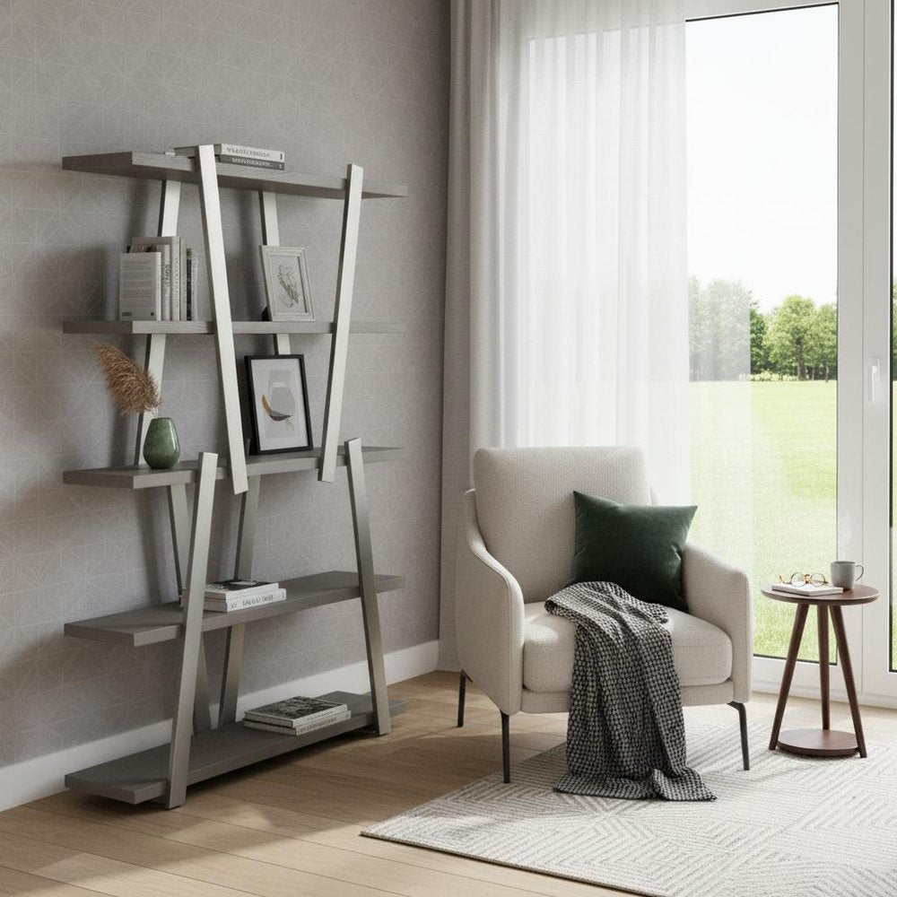 71" Gray And Silver Stainless Steel and Wood Four Tier Geometric Bookcase