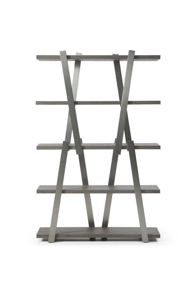 71" Gray And Silver Stainless Steel and Wood Four Tier Geometric Bookcase