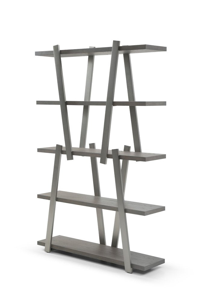 71" Gray And Silver Stainless Steel and Wood Four Tier Geometric Bookcase