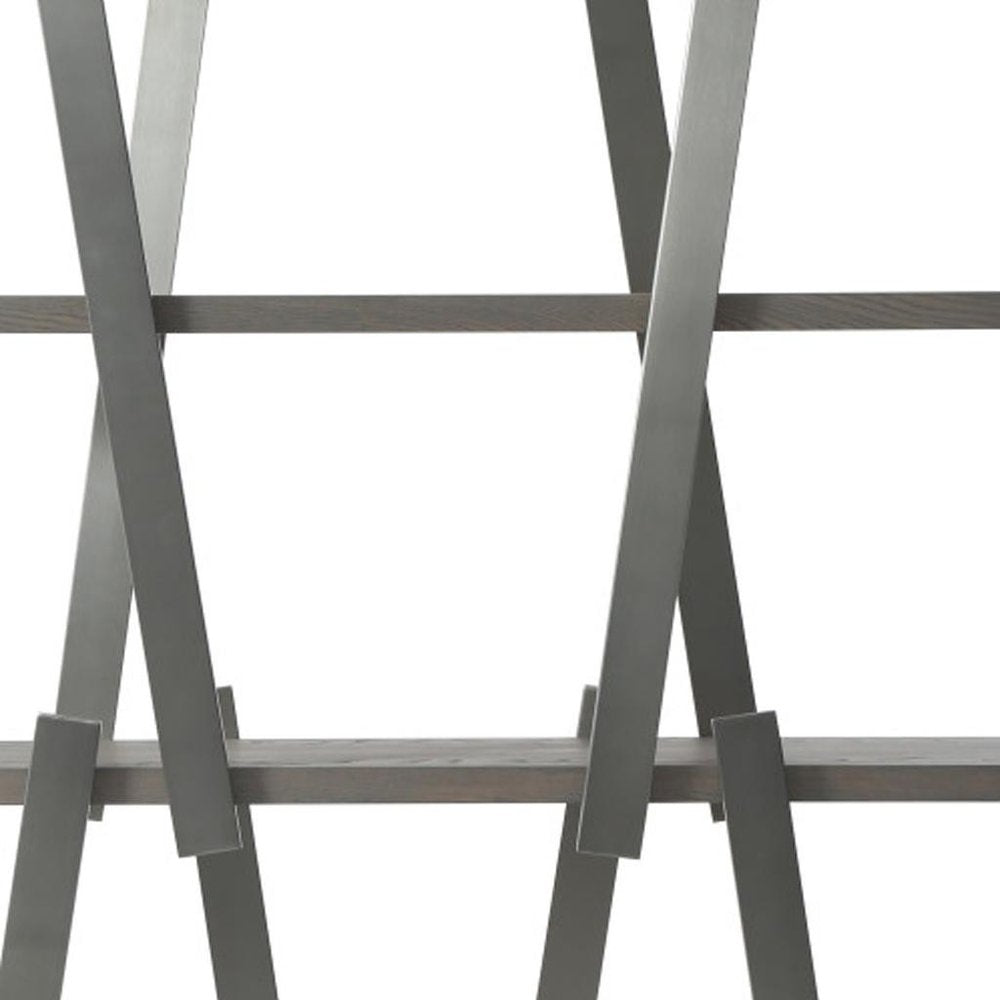 71" Gray And Silver Stainless Steel and Wood Four Tier Geometric Bookcase