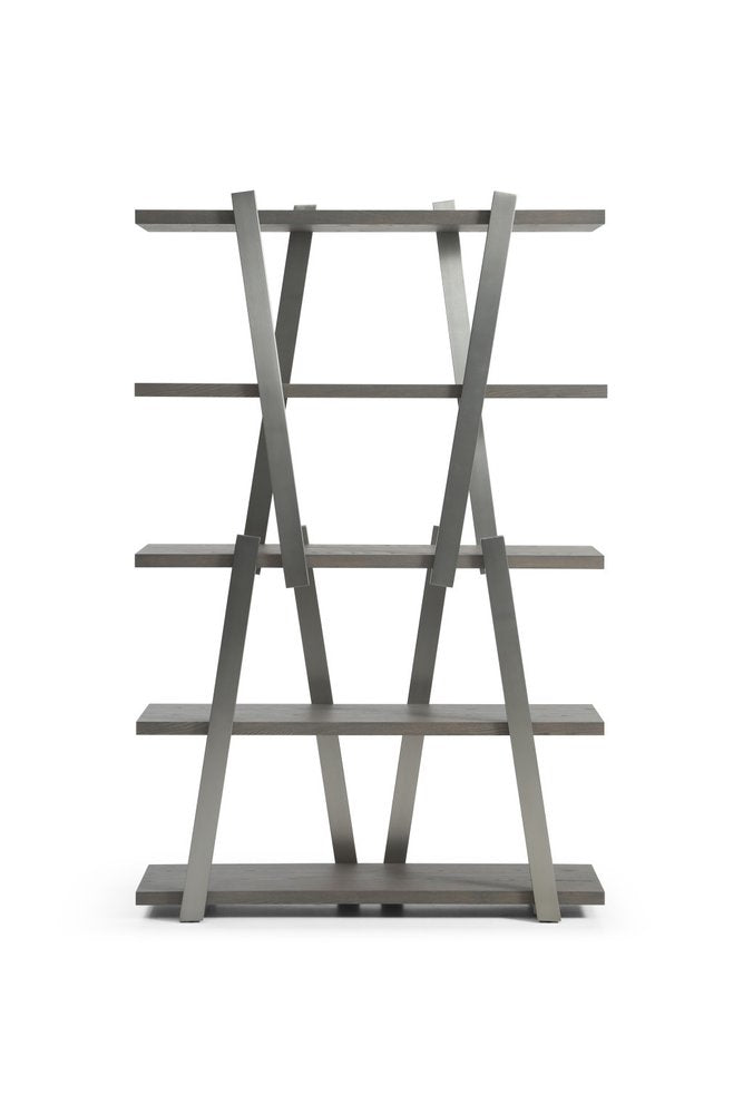 71" Gray And Silver Stainless Steel and Wood Four Tier Geometric Bookcase