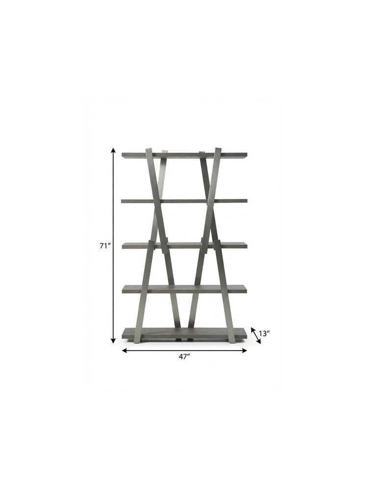 71" Gray And Silver Stainless Steel and Wood Four Tier Geometric Bookcase