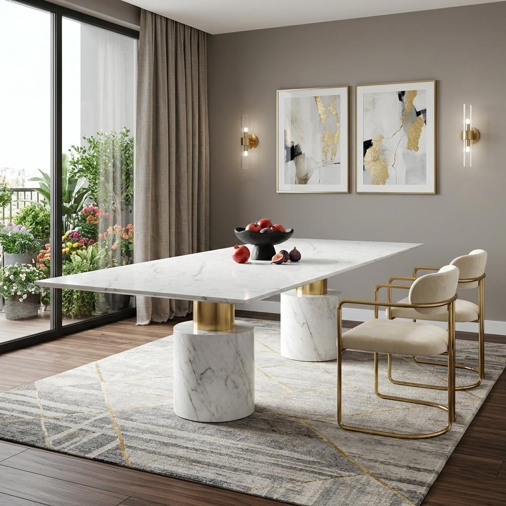 120" White Marble Double Pedestal Base Dining Table