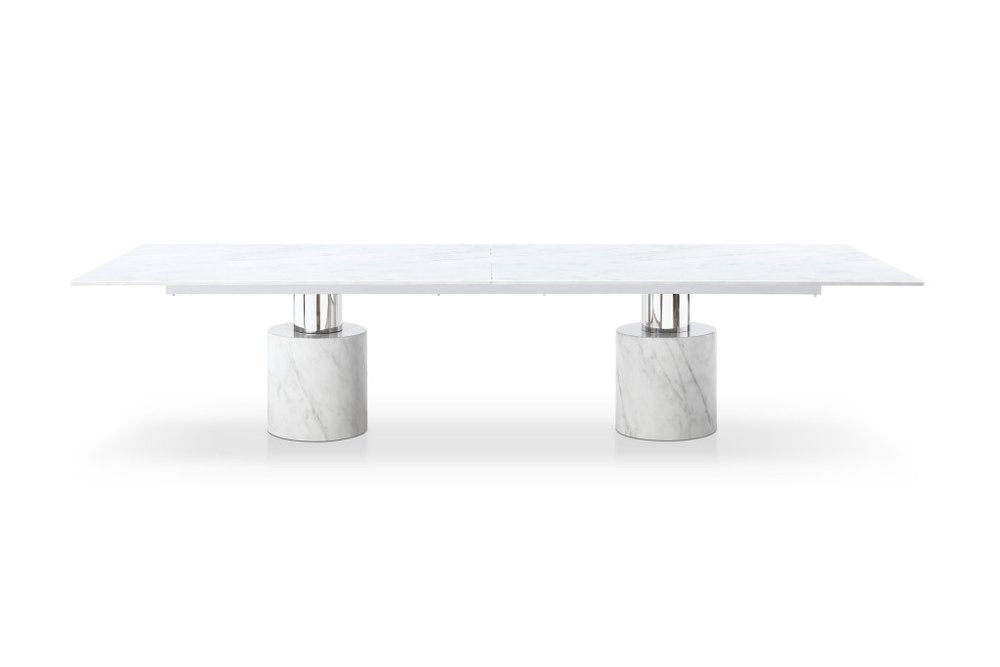 136" White And Silver Glass Marble And Stainless Steel Double Pedestal Base Dining Table