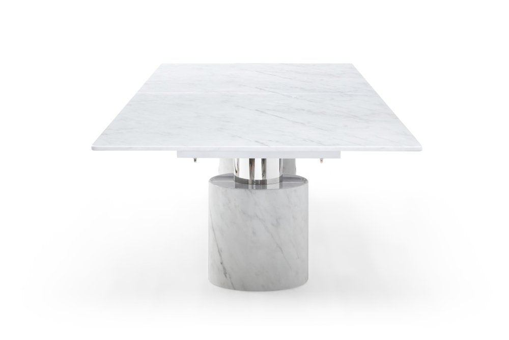 136" White And Silver Glass Marble And Stainless Steel Double Pedestal Base Dining Table