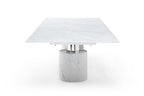 136" White And Silver Glass Marble And Stainless Steel Double Pedestal Base Dining Table