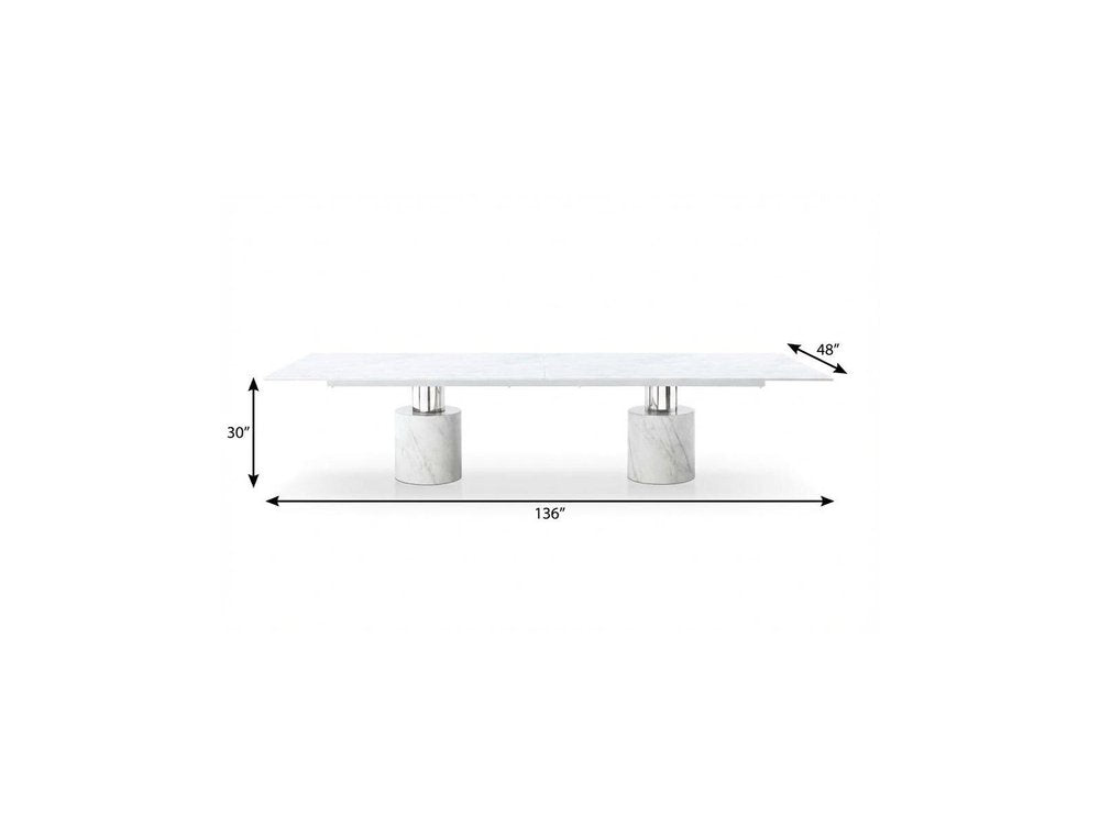 136" White And Silver Glass Marble And Stainless Steel Double Pedestal Base Dining Table