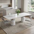 136" White And Silver Glass Marble And Stainless Steel Double Pedestal Base Dining Table