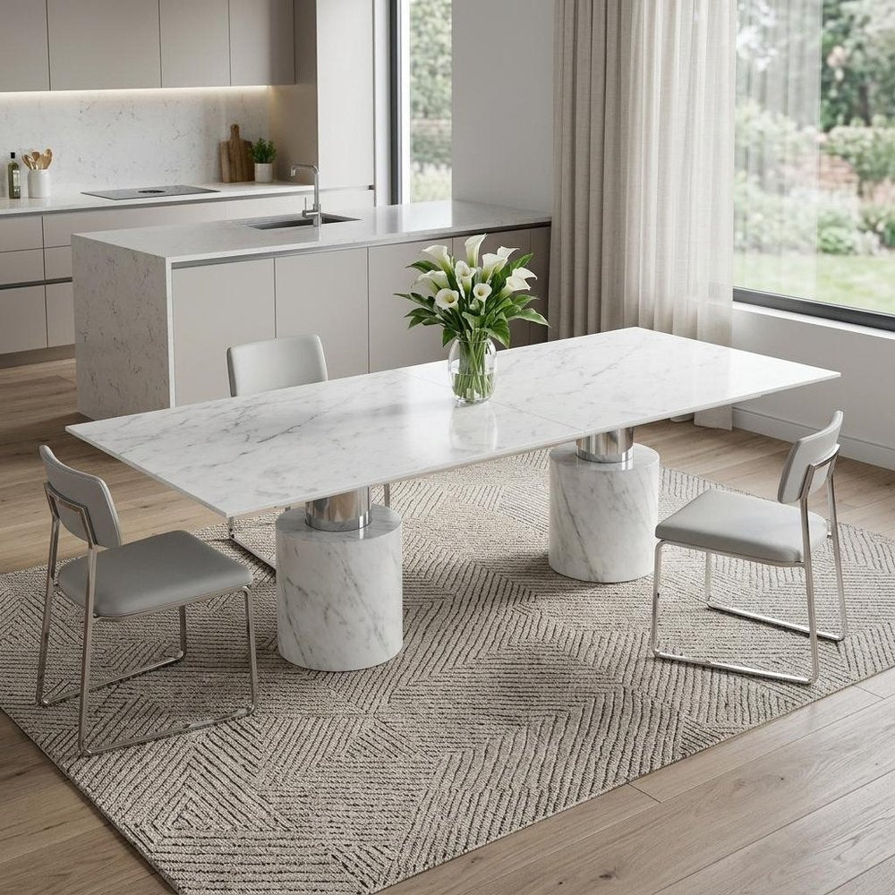 136" White And Silver Glass Marble And Stainless Steel Double Pedestal Base Dining Table