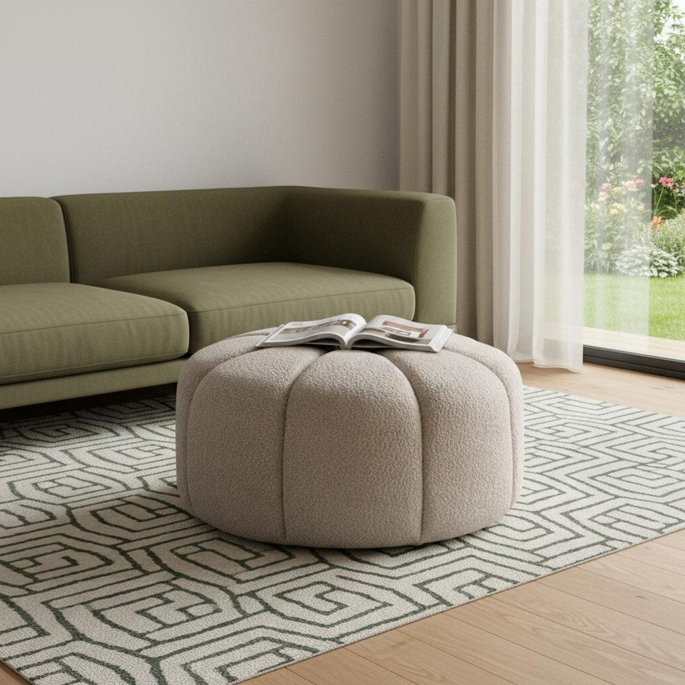 32" Taupe Tufted Boucle Tufted Round Ottoman
