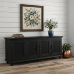 111" Black Distressed Solid Wood Carved Floral Sideboard With Six Doors