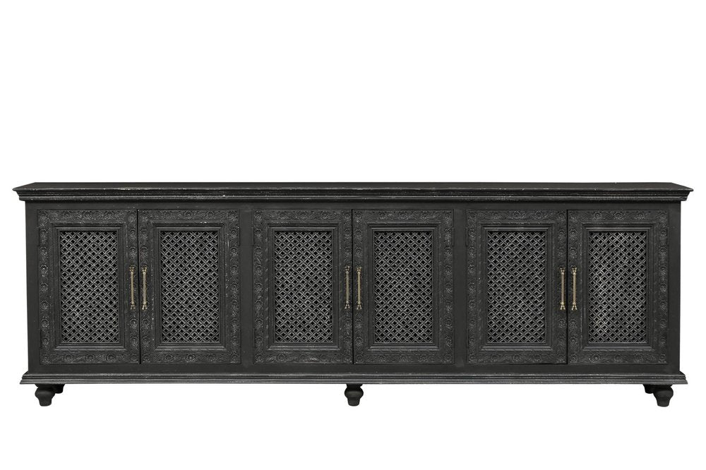 111" Black Distressed Solid Wood Carved Floral Sideboard With Six Doors