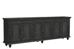 111" Black Distressed Solid Wood Carved Floral Sideboard With Six Doors