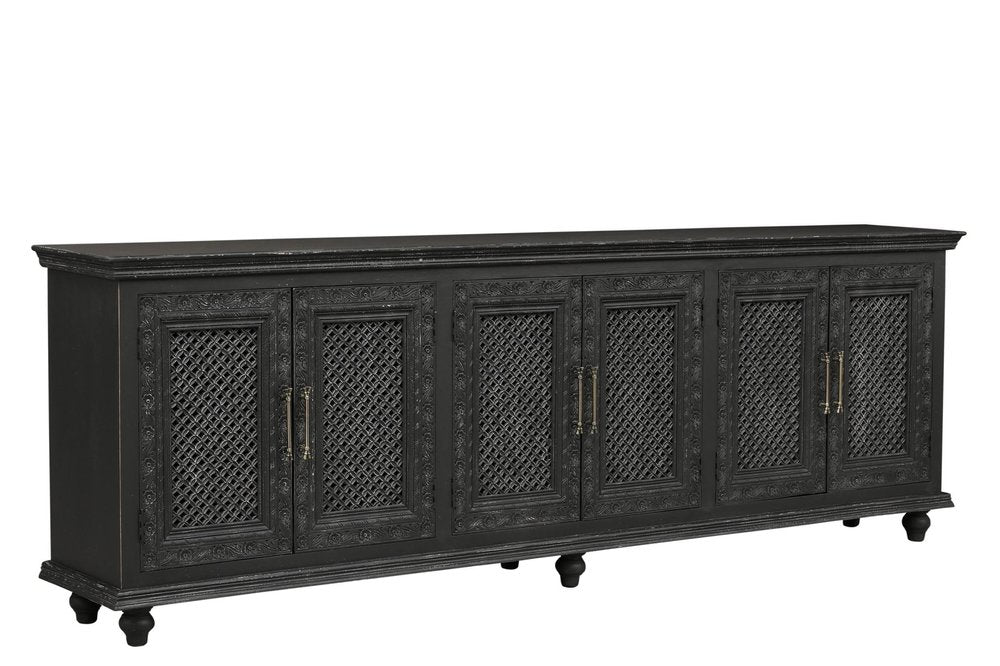 111" Black Distressed Solid Wood Carved Floral Sideboard With Six Doors