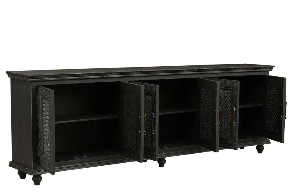 111" Black Distressed Solid Wood Carved Floral Sideboard With Six Doors