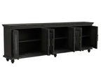 111" Black Distressed Solid Wood Carved Floral Sideboard With Six Doors