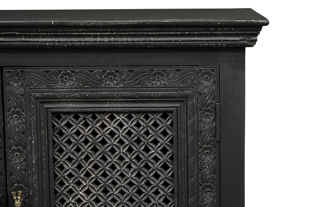 111" Black Distressed Solid Wood Carved Floral Sideboard With Six Doors