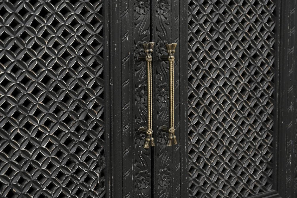111" Black Distressed Solid Wood Carved Floral Sideboard With Six Doors