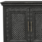 111" Black Distressed Solid Wood Carved Floral Sideboard With Six Doors