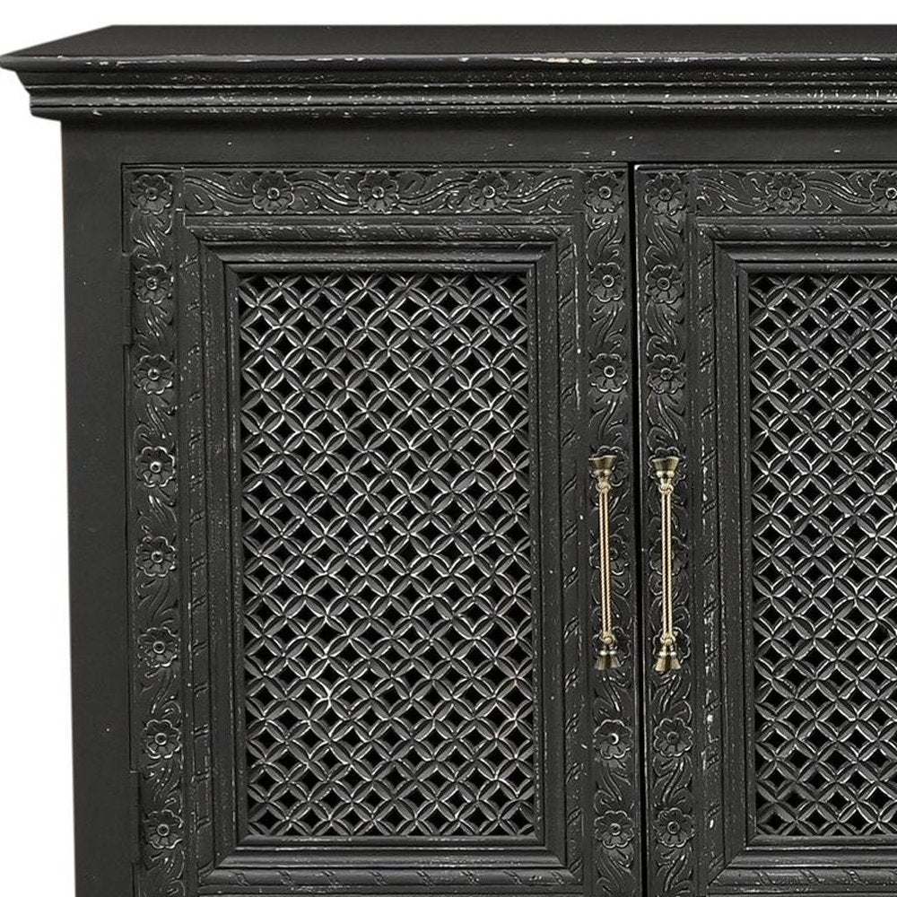 111" Black Distressed Solid Wood Carved Floral Sideboard With Six Doors