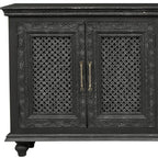 111" Black Distressed Solid Wood Carved Floral Sideboard With Six Doors