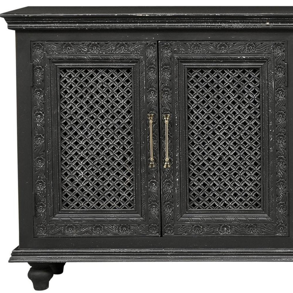 111" Black Distressed Solid Wood Carved Floral Sideboard With Six Doors