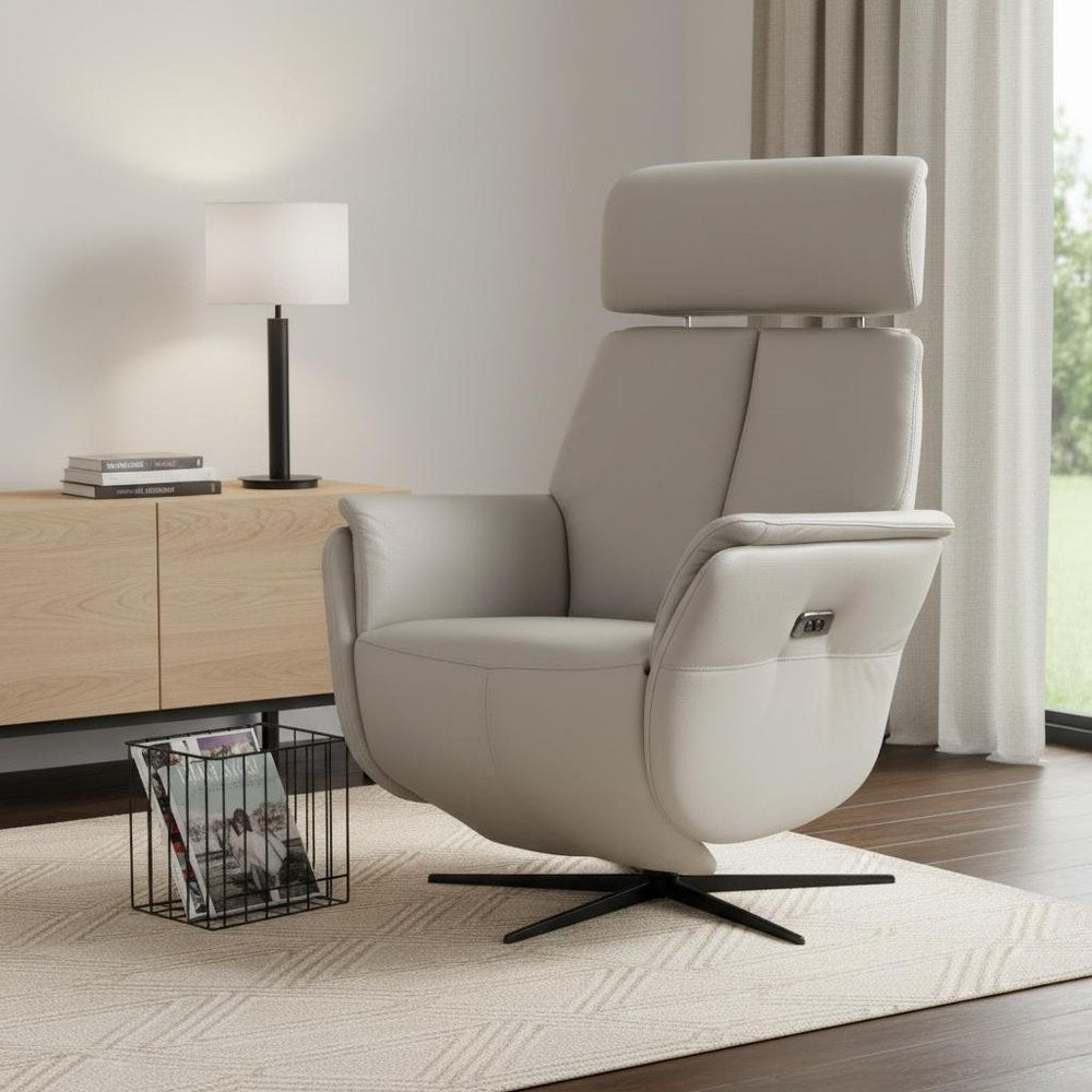 28" Light Gray Genuine Leather Power Swivel Recliner