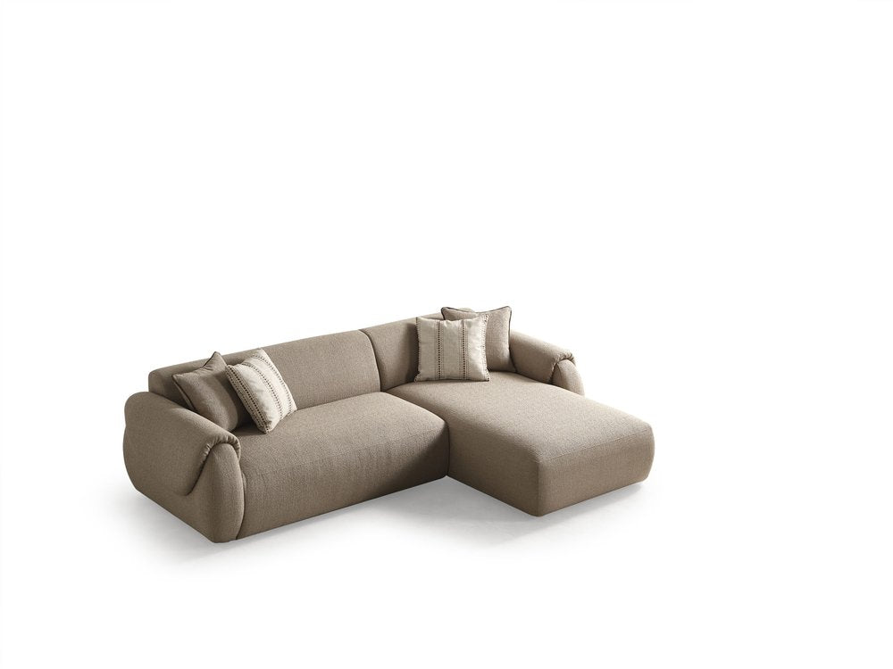 Taupe Boucle L Shaped Two Piece Sofa and Chaise Sectional With Toss Pillows