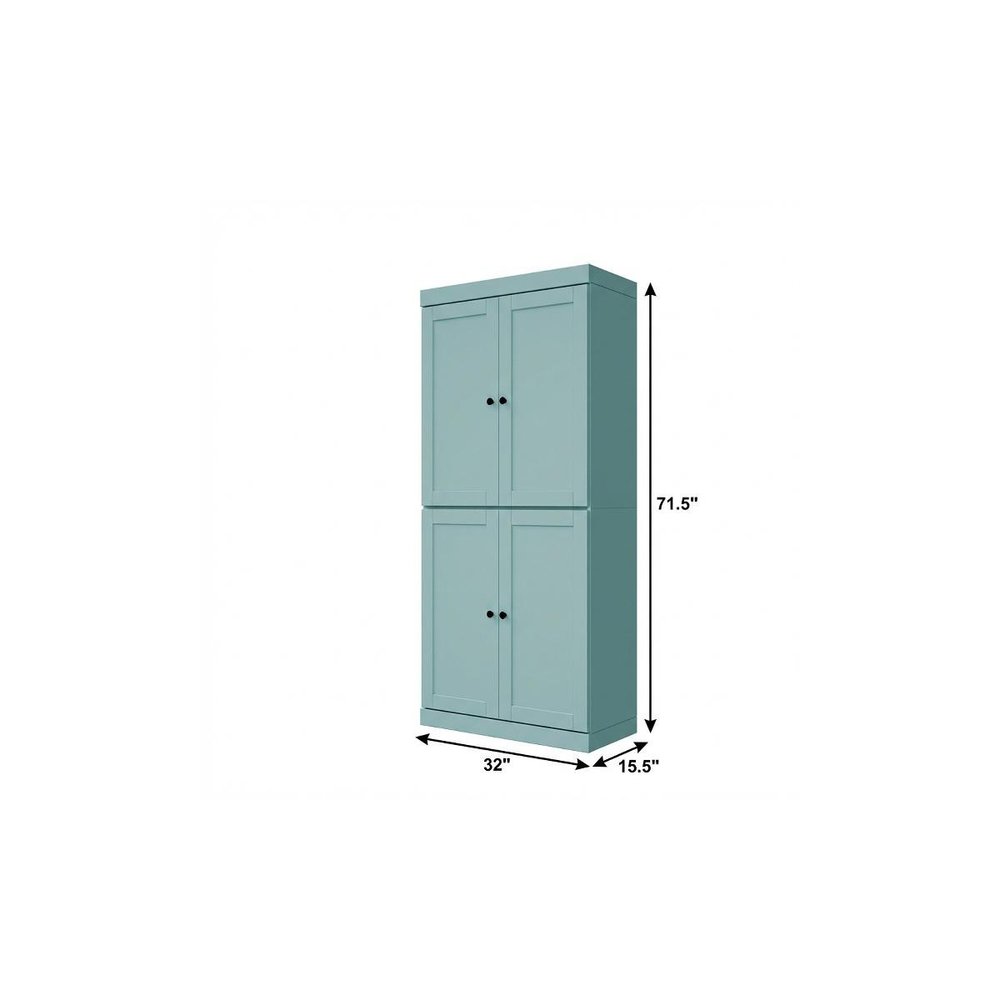 72" Teal Blue Solid Wood Four Door Pantry Or Storage Closet