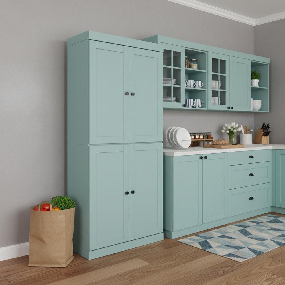 72" Teal Blue Solid Wood Four Door Pantry Or Storage Closet