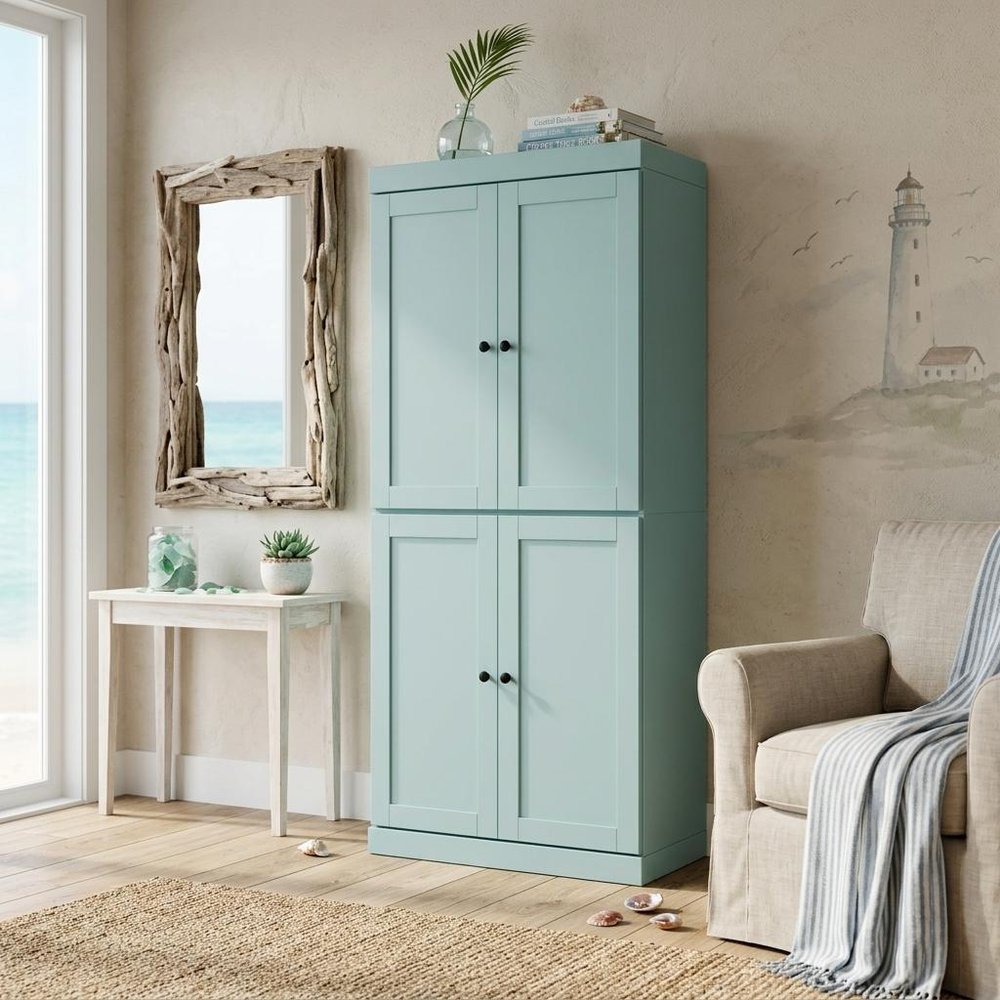 72" Teal Blue Solid Wood Four Door Pantry Or Storage Closet