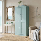 72" Teal Blue Solid Wood Four Door Pantry Or Storage Closet
