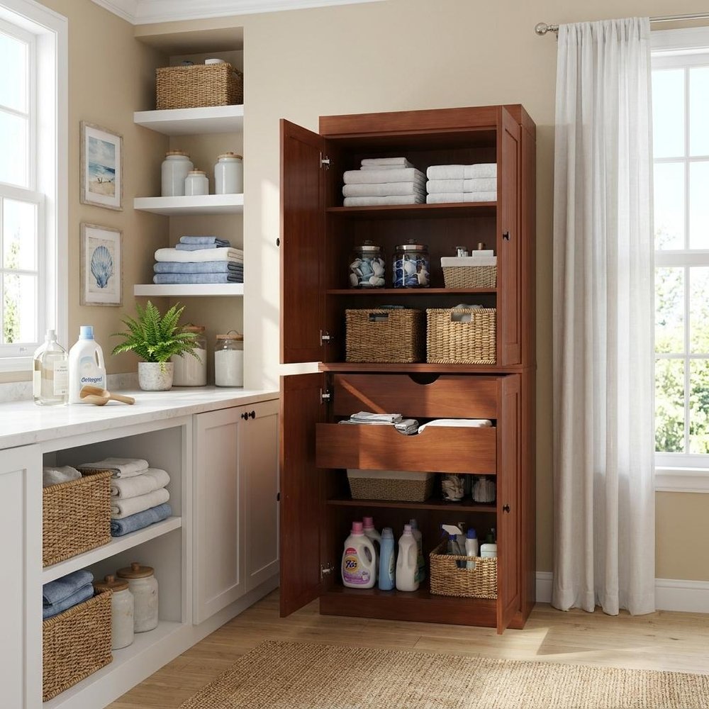 72" White Solid Wood Four Door Two Drawer Pantry Or Storage Closet