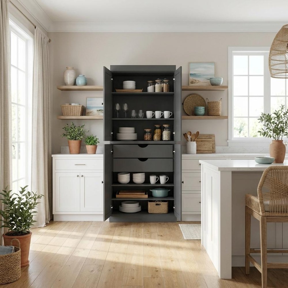 72" White Solid Wood Four Door Two Drawer Pantry Or Storage Closet