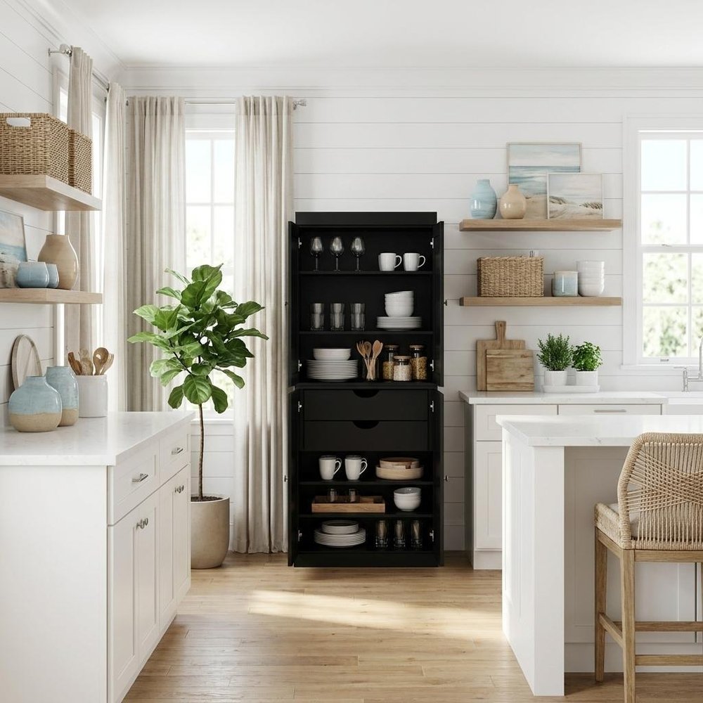 72" White Solid Wood Four Door Two Drawer Pantry Or Storage Closet