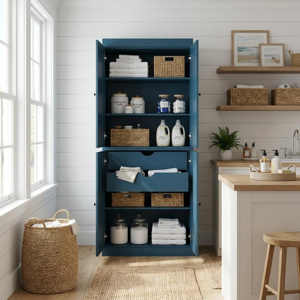 72" White Solid Wood Four Door Two Drawer Pantry Or Storage Closet
