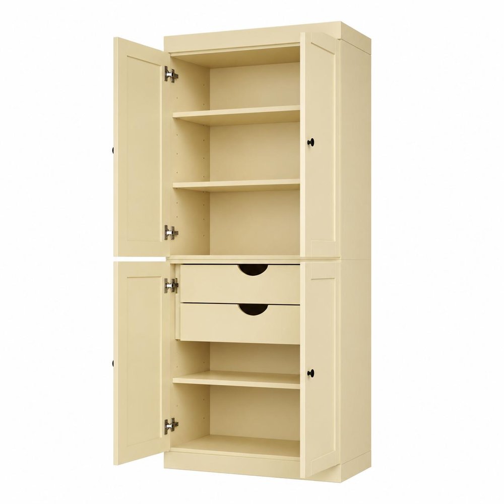 72" White Solid Wood Four Door Two Drawer Pantry Or Storage Closet