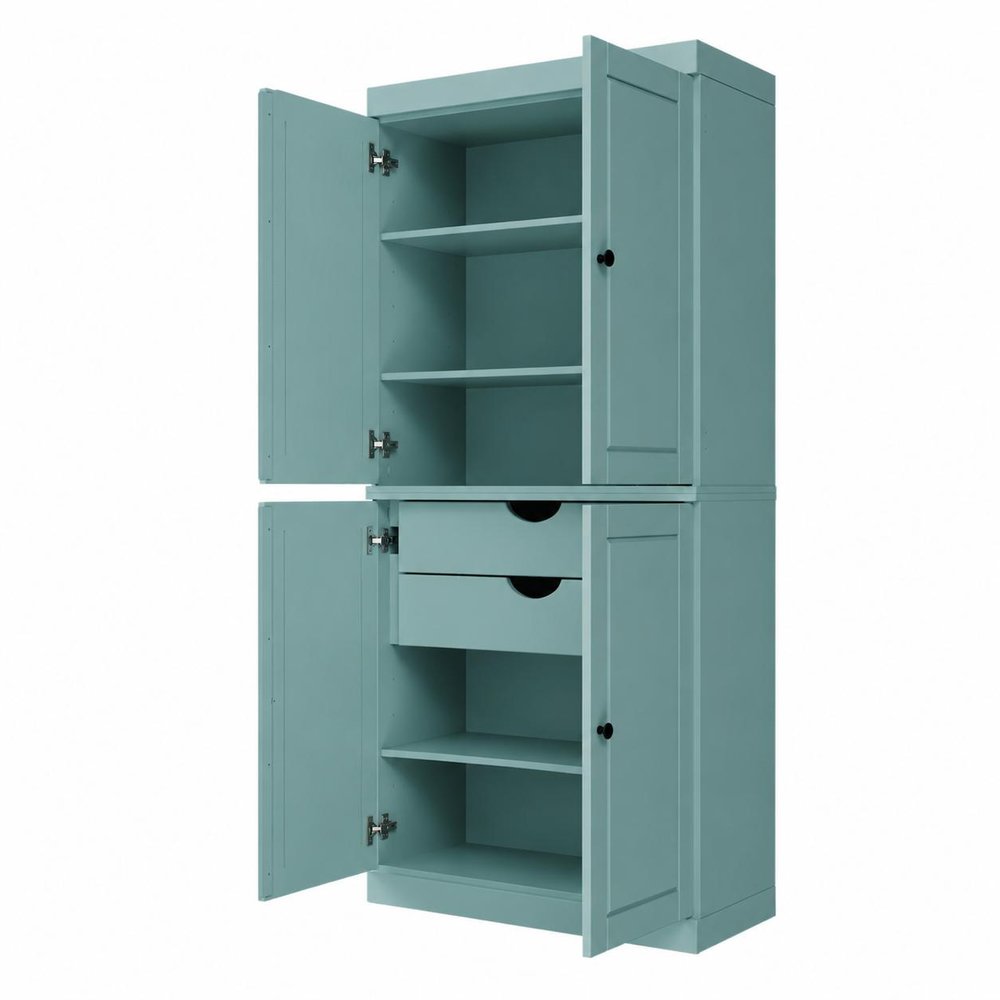 72" White Solid Wood Four Door Two Drawer Pantry Or Storage Closet