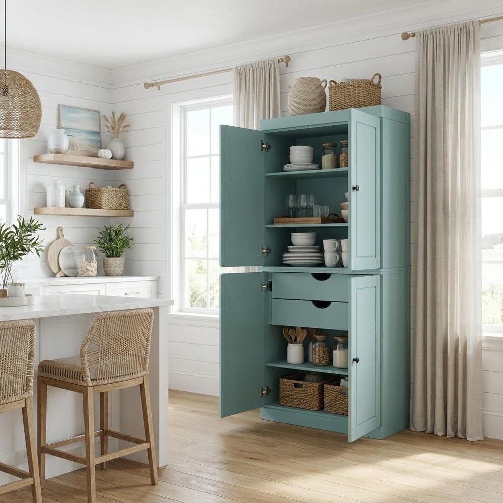 72" White Solid Wood Four Door Two Drawer Pantry Or Storage Closet