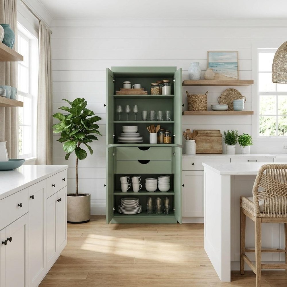 72" White Solid Wood Four Door Two Drawer Pantry Or Storage Closet
