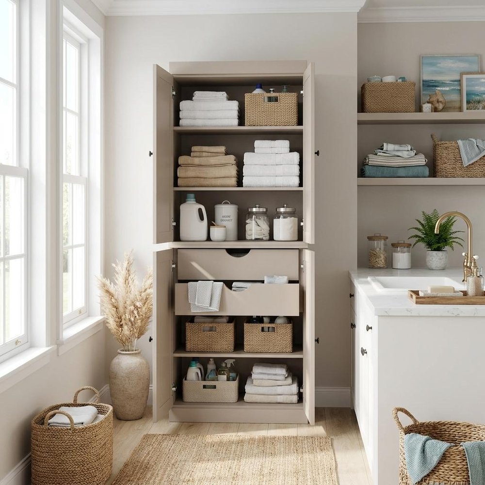 72" White Solid Wood Four Door Two Drawer Pantry Or Storage Closet