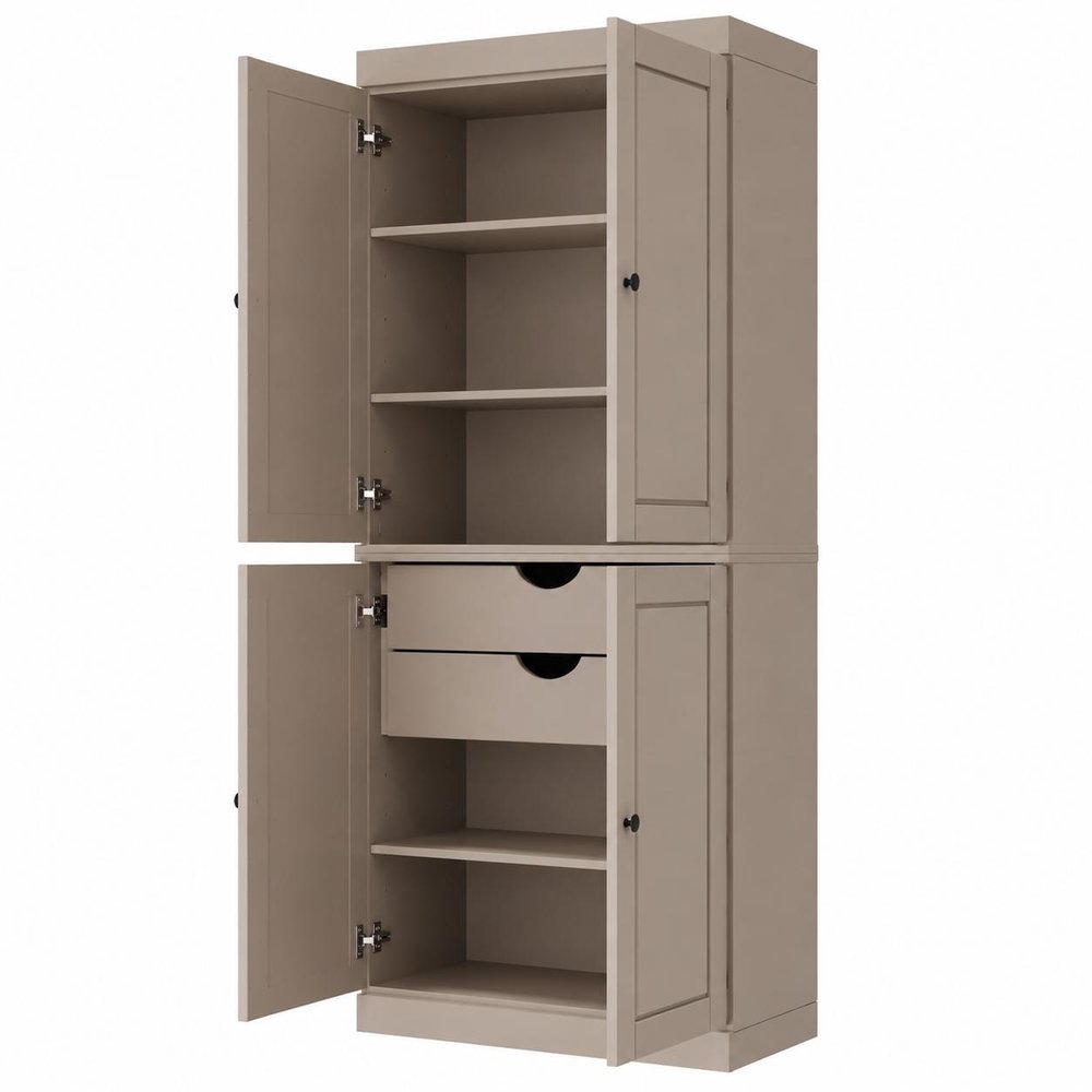 72" White Solid Wood Four Door Two Drawer Pantry Or Storage Closet