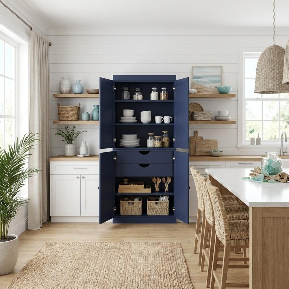 72" White Solid Wood Four Door Two Drawer Pantry Or Storage Closet