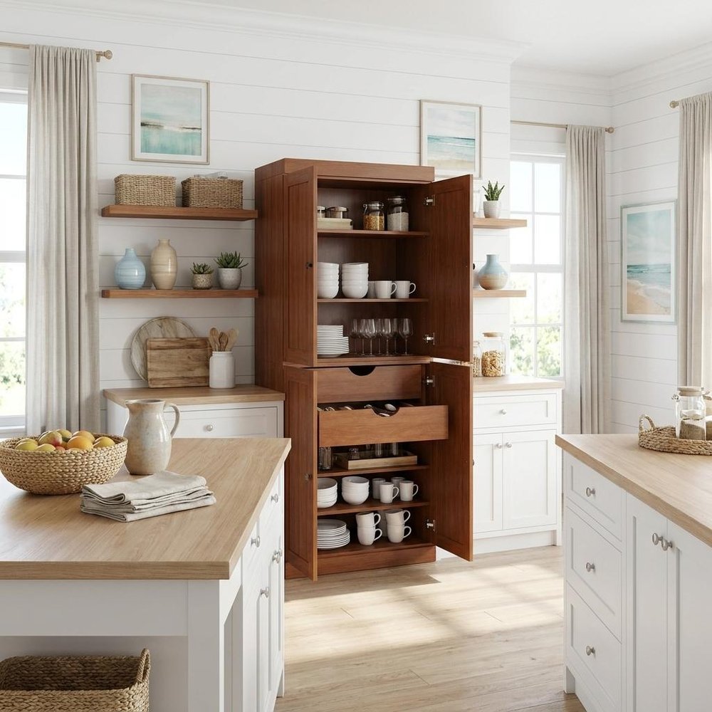 72" White Solid Wood Four Door Two Drawer Pantry Or Storage Closet